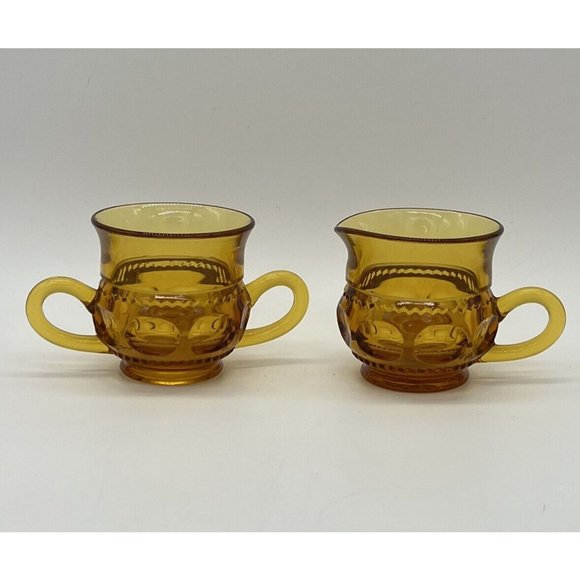 Vtg Indiana Glass Amber Kings Crown Thumbprint Cream And Sugar Set - Picture 1 of 2